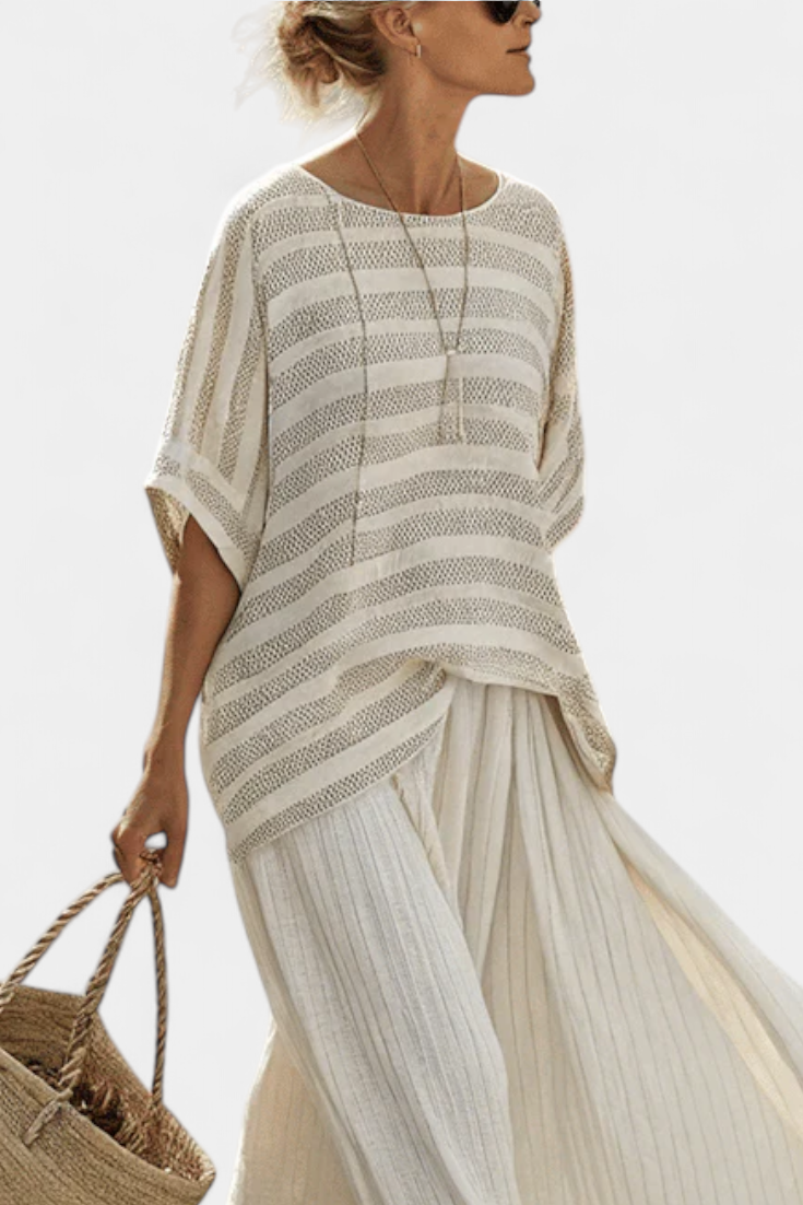 Graziella – Striped top in natural bamboo and fluid linen trousers