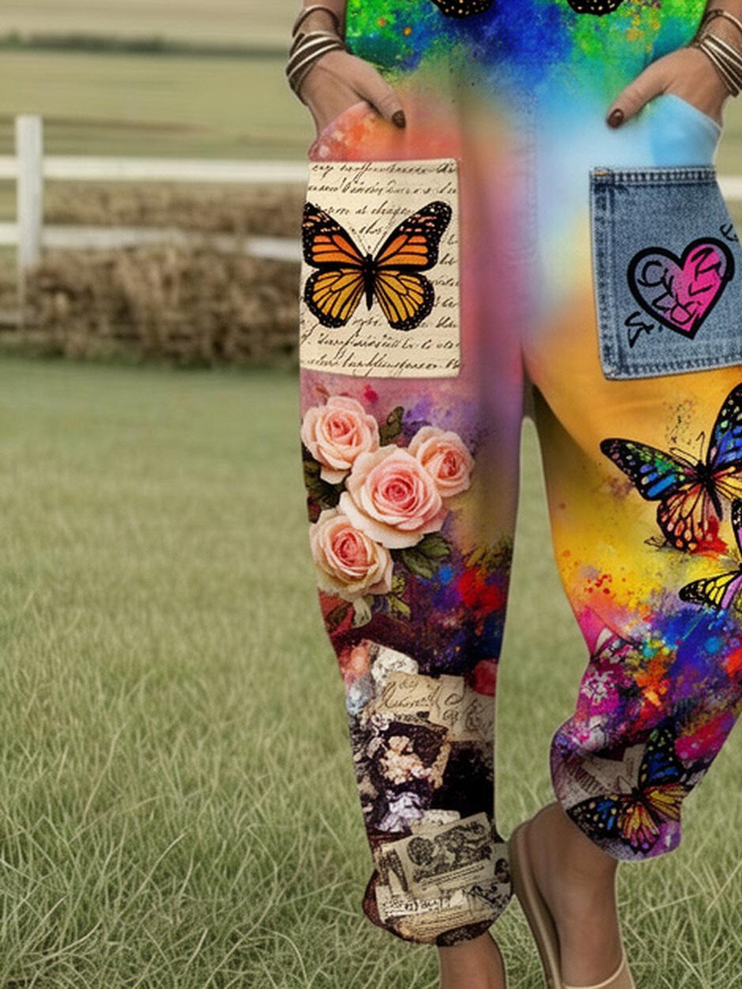 Plus Size - Plus Size - Plus Size, Dames Volledig Bedrukte Overalls Jumpsuit Kleurrijke Vlinderprint Overalls Boho Stijl Dames Jumpsuit Tuinfeest Outfit Zomer Mode Print Romper met Zakken, Geschikt voor Lente Zomer Herfst