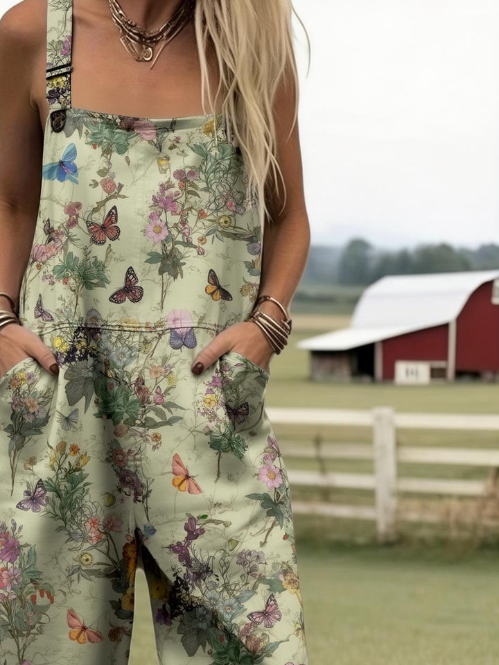 Grote maten, dames overall met volledige print, jumpsuit met bloemen- en vlinderprint, dames boho zomer overall, casual outfit in landelijke stijl voor boerderij- en tuinlook, romper met print en zakken, geschikt voor lente, zomer, herfst, machinewasbare