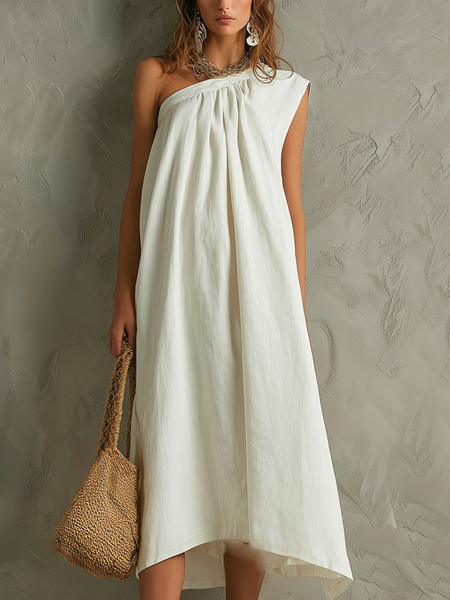 White Minimalist Maxi Dress with One Shoulder and a Resort Vibe