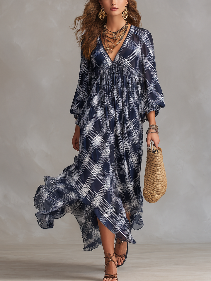 French Style Relaxed Navy Blue Checked Flowing Maxi Dress
