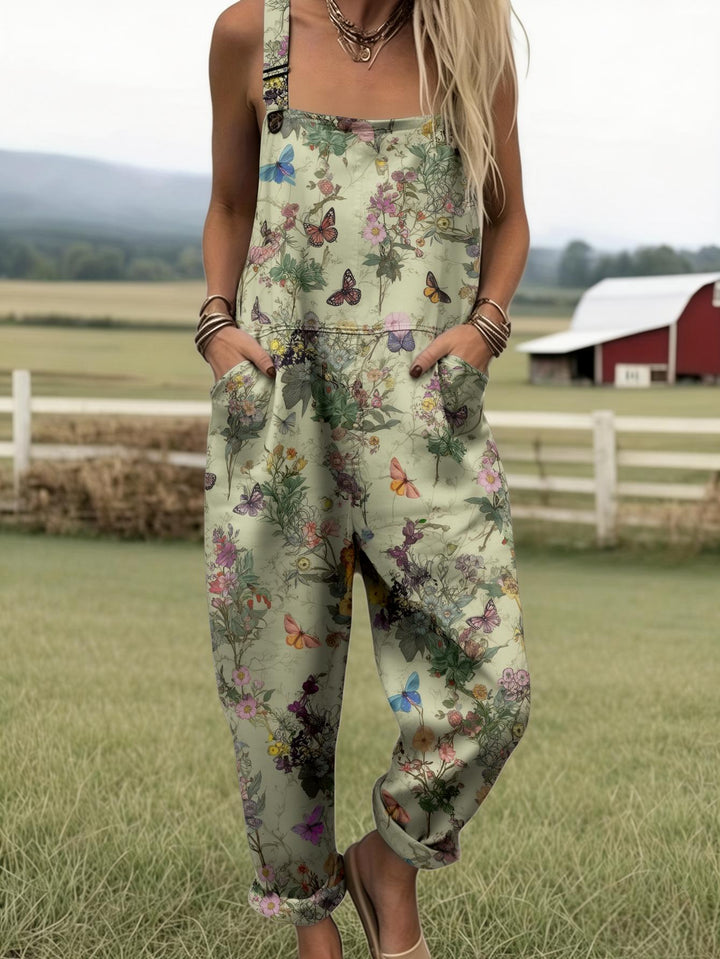 Grote maten, dames overall met volledige print, jumpsuit met bloemen- en vlinderprint, dames boho zomer overall, casual outfit in landelijke stijl voor boerderij- en tuinlook, romper met print en zakken, geschikt voor lente, zomer, herfst, machinewasbare