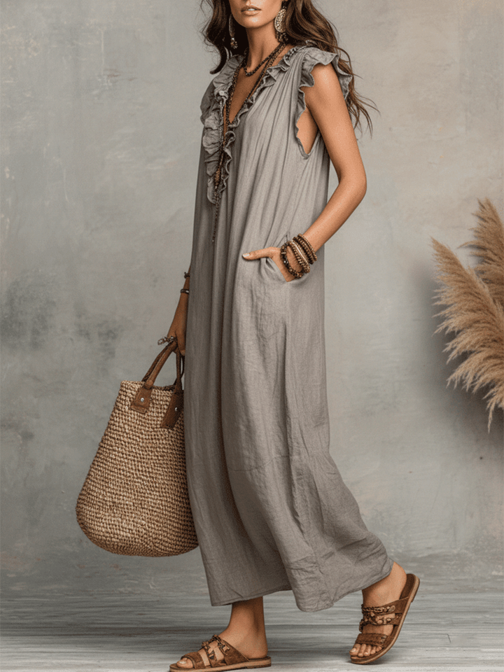 Bohemian Sleeveless Ruffled V-Neck Flowing Maxi Dress