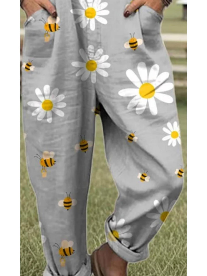 Plus Size - Plus Size - Plus Size Dames Casual Overalls met Bloemen Daisy Print, met Witte Madeliefjes en Gele Bijen, Gemaakt van Lichtgewicht Stof die Machinewasbaar is, Perfect voor Lente, Zomer en Herfst Casual Kleding, Bezoek aan de Boerderij, Picknic