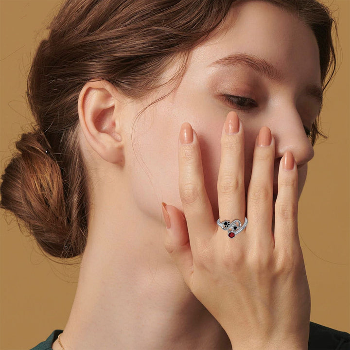 Black Paw Print Adjustable Ring With Red Gemstone