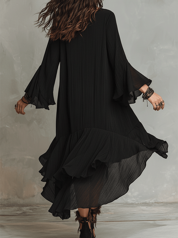 Elegant Asymmetrical Ruffle Black Boho Midi Dress