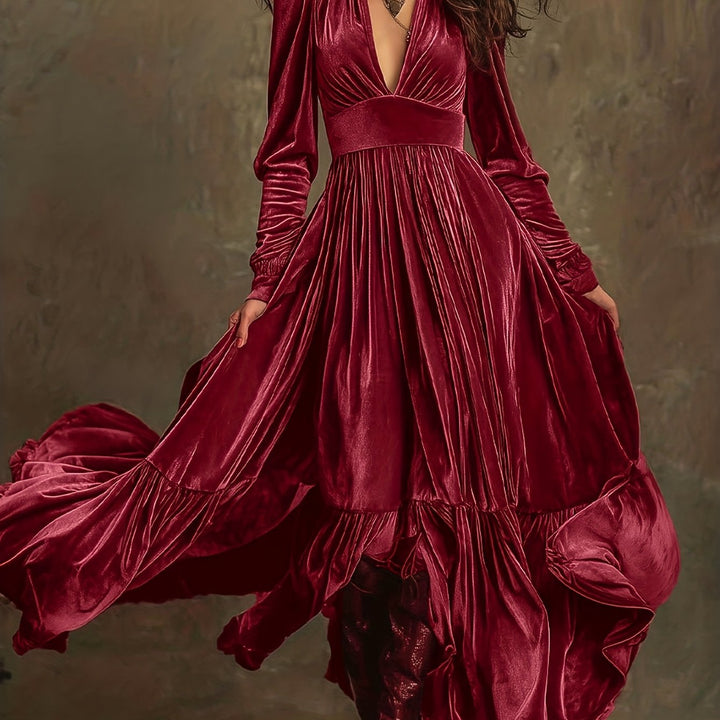 SERAFINA | RETRO OVERSIZED SKIRT LONG DRESS WITH DEEP V-NECK