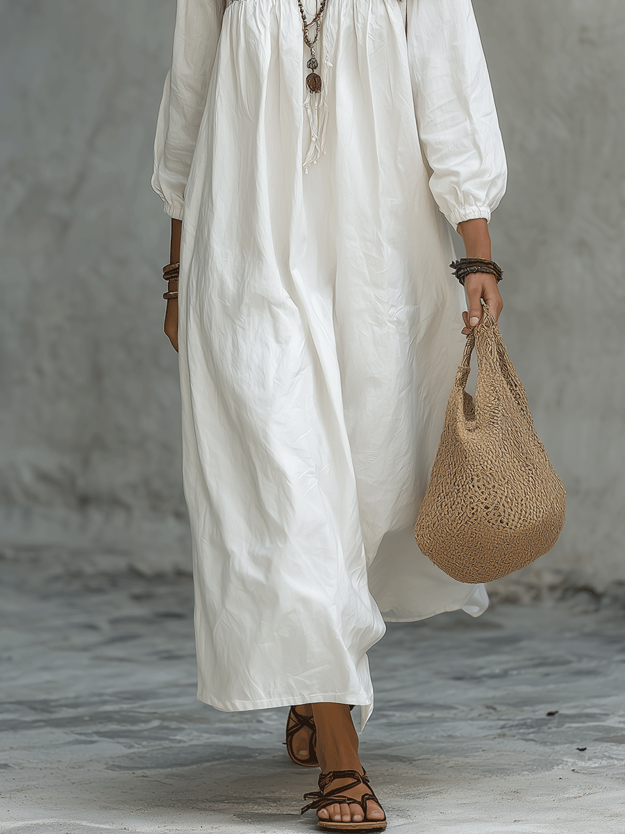 Bohemian White Maxi Dress with Floral Embroidery and Balloon Sleeves