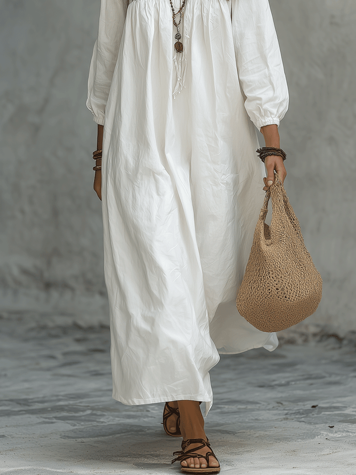 Bohemian White Maxi Dress with Floral Embroidery and Balloon Sleeves
