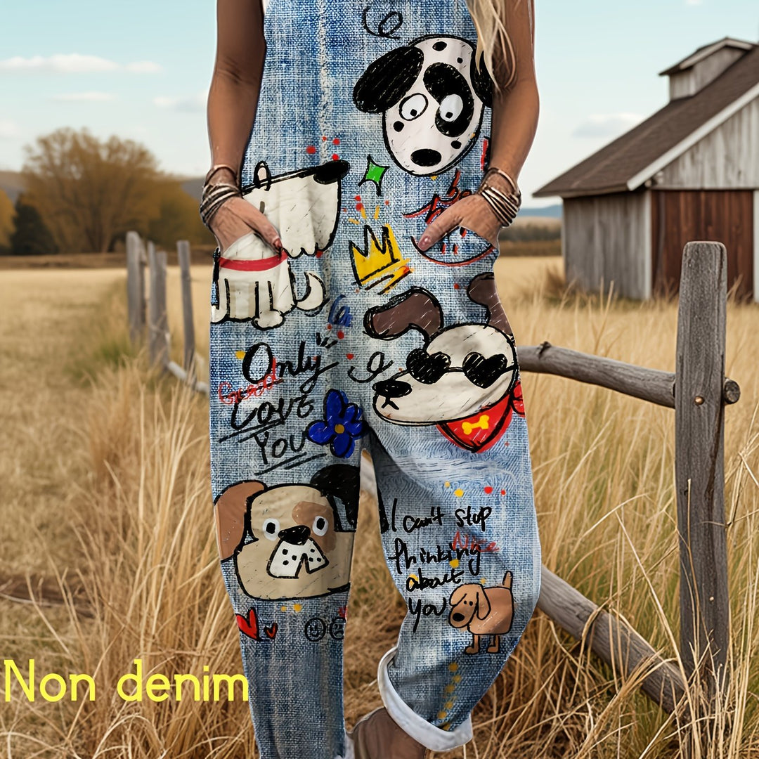 [Bedrukte Broek - Niet Denim Stof] Nieuwe Europese en Amerikaanse Damesmode met Trendy Faux Denim Dierenprint Casual Overalls, Gemaakt van Veelzijdige en Ademende Stof Perfect voor de Herfst