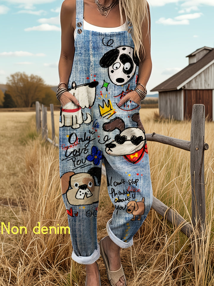 [Bedrukte Broek - Niet Denim Stof] Nieuwe Europese en Amerikaanse Damesmode met Trendy Faux Denim Dierenprint Casual Overalls, Gemaakt van Veelzijdige en Ademende Stof Perfect voor de Herfst