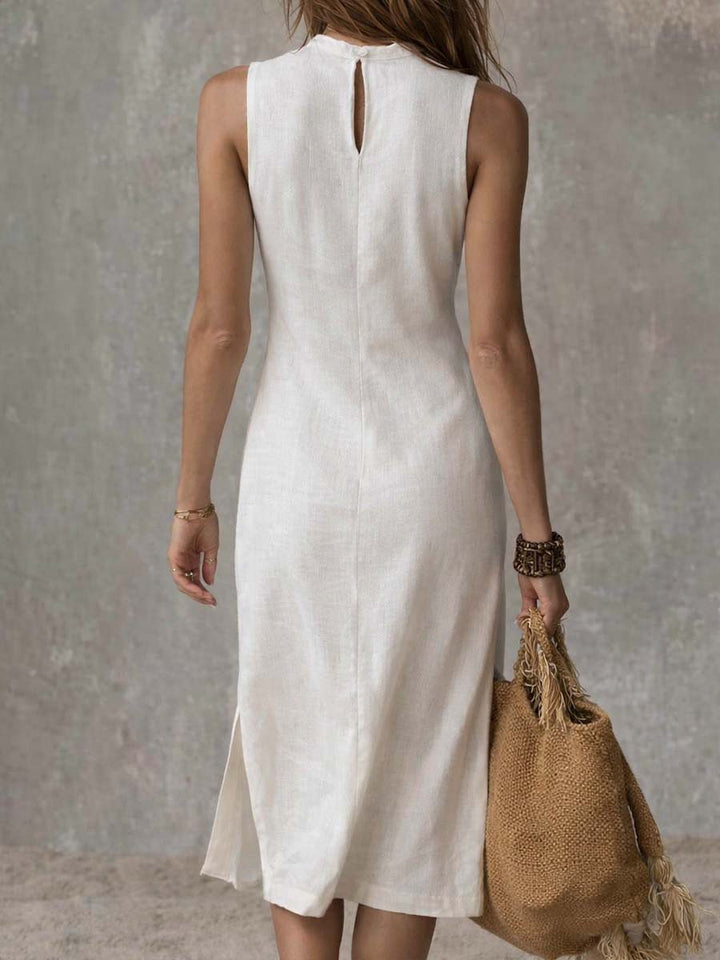 Collarless Midi Dress with Split at the Hem.