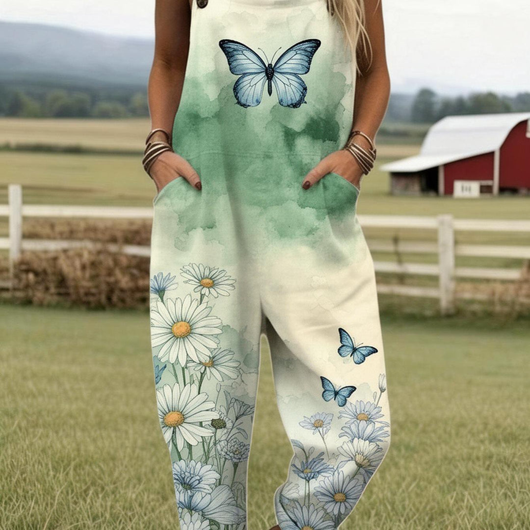 Plus Size - Plus Size - Plus Size, Dames Volledig Bedrukte Overalls Jumpsuit Vlinder Madeliefje Print Jumpsuit Dames Boho Zomer Overalls Bloemen Tuin Outfit Casual Losse Broek Print Romper met Zakken, Geschikt voor Lente Zomer Herfst