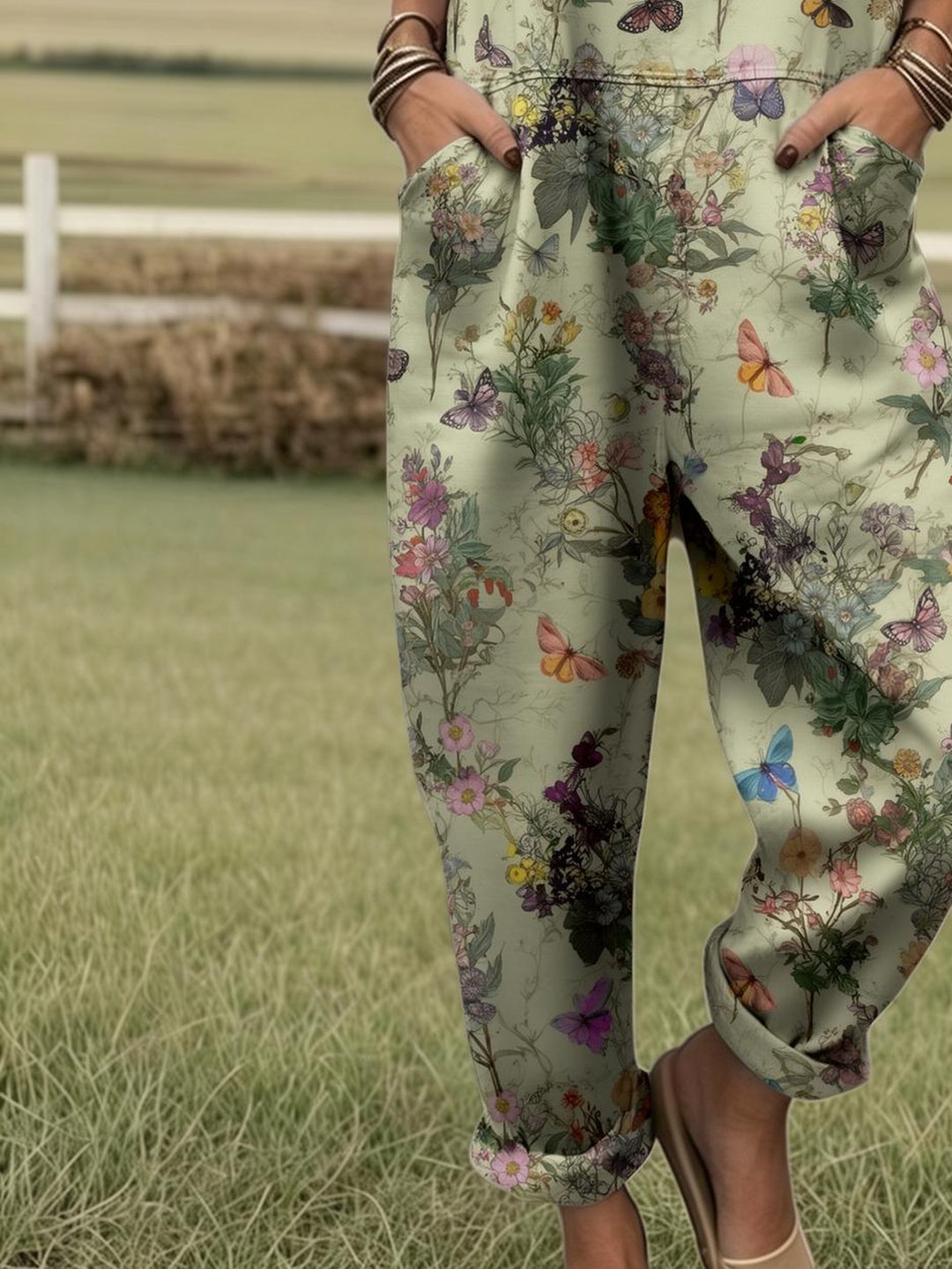 Grote maten, dames overall met volledige print, jumpsuit met bloemen- en vlinderprint, dames boho zomer overall, casual outfit in landelijke stijl voor boerderij- en tuinlook, romper met print en zakken, geschikt voor lente, zomer, herfst, machinewasbare