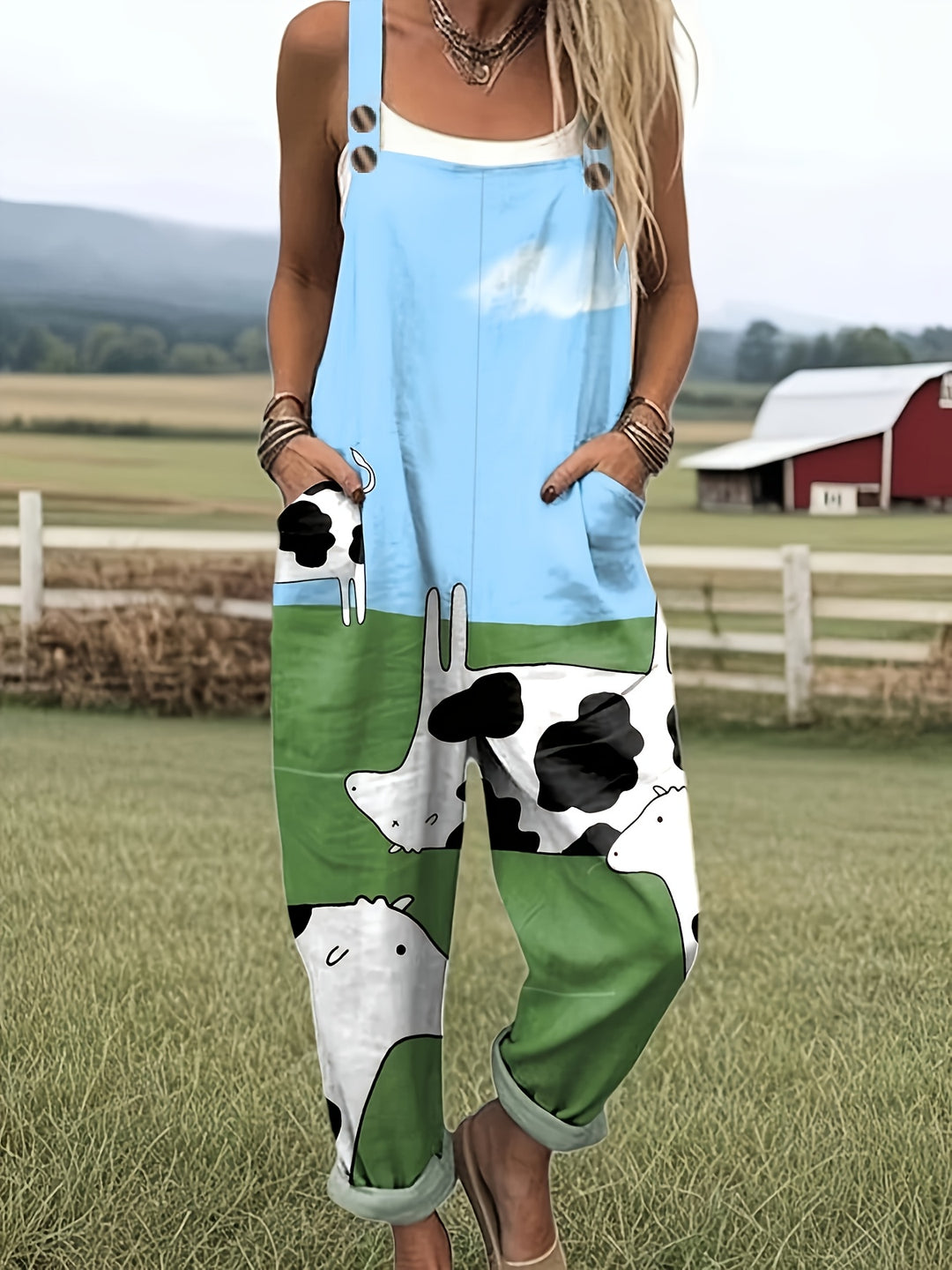 Mouwloze Romper Overall met Taxi Richtingaanwijzer Cartoonpatroonprint en Verstelbare Knopen - Boerderijkoe A61
