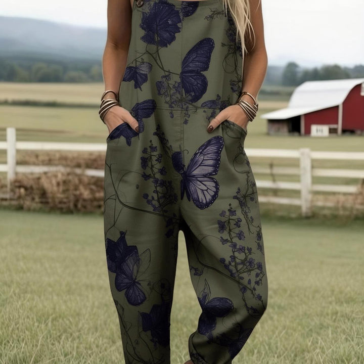 Plus Size - Plus Size - Dames Plus Size Volledig Bedrukte Jumpsuit met Vlinderdesign, Boheemse Stijl Overalls voor Casual Boerderijkleding, Perfect voor Zomerse Mode, Voorzien van Zakken, Ideaal voor Lente, Zomer en Herfst, Machinewasbaar