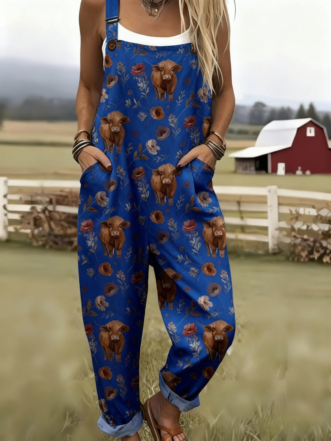 Grote maten, Dames overall met print in grote maten, Overall met schattig hondenpatroon, Casual stijl, Ruim en comfortabel, Geschikt voor dagelijks gebruik, Boerderij pastorale stijl, Machinewasbaar
