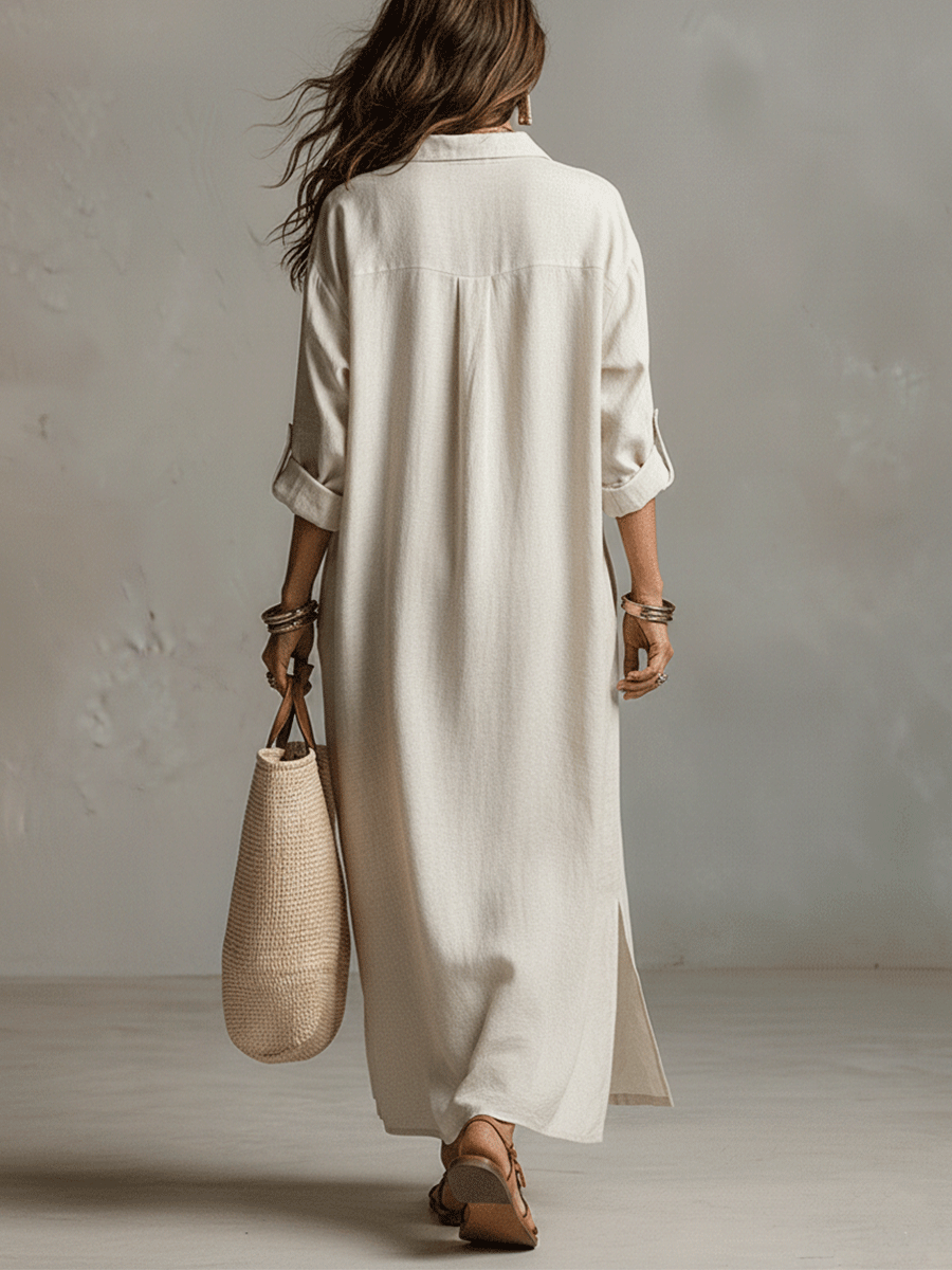 Vintage Lightweight Maxi Shirt Dress in Natural Cream