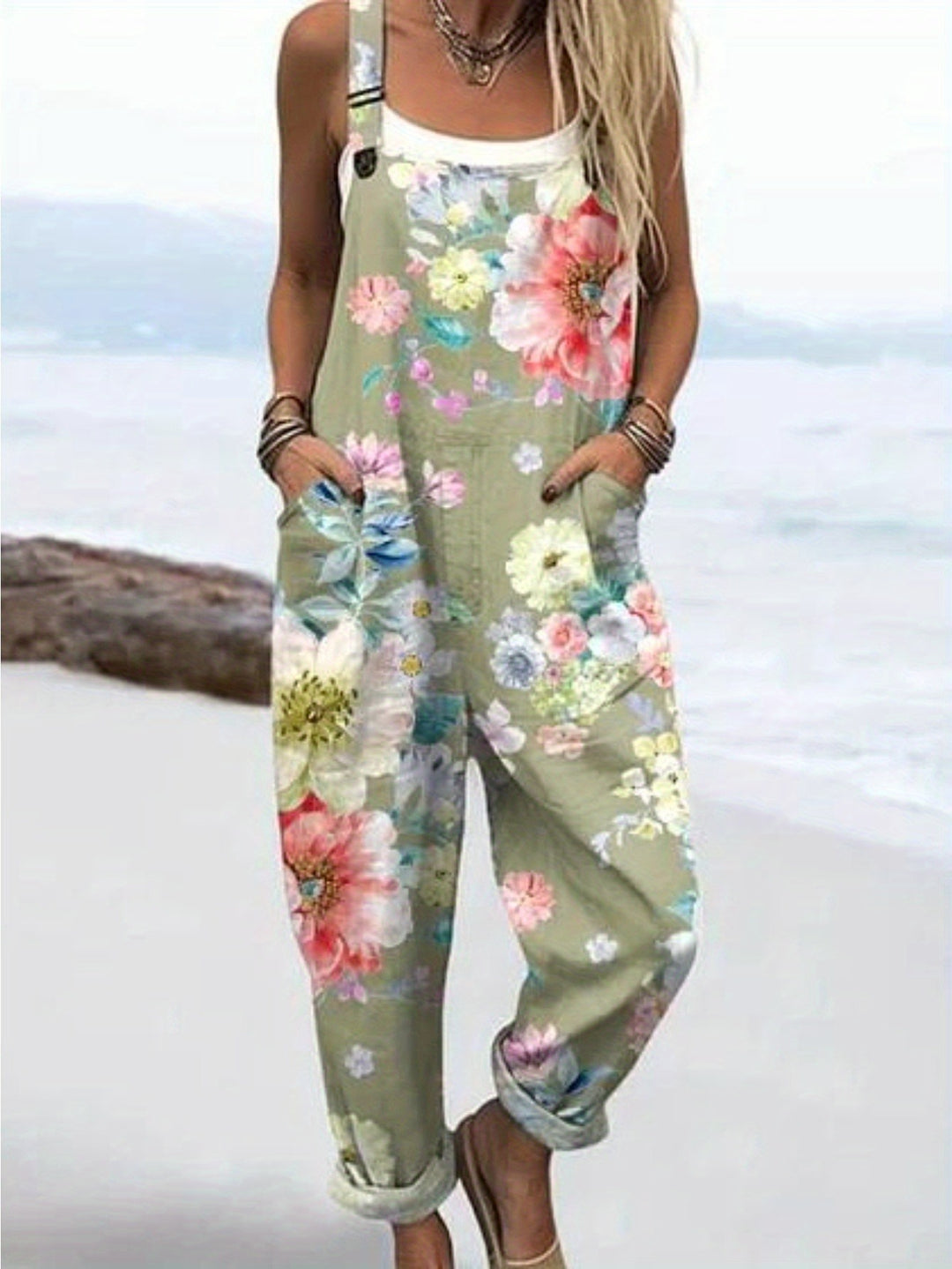 Plus Size - Plus Size - Plus Size, Dames Plus Size Overalls Lente en Zomer Nieuwe Dames Leuke en Frisse Bloemen Dierenprint Casual en Comfortabele Schouderband Wijde Pijpen Jumpsuit Losse Versie, Zakknop Design, Niet Verstelbaar