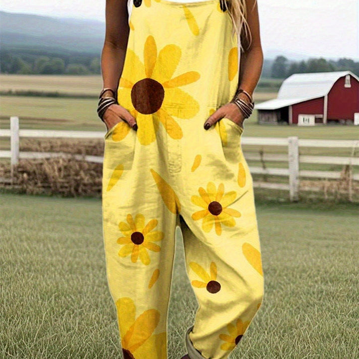 Damesoverall in grote maten met zonnebloemprint, felgele en bruine A-vormige jumpsuit met wijde pijpen, mouwloos ontwerp met korte mouwen en zakken, machinewasbare vrijetijdskleding voor zomer en lente, geschikt voor strand, picknick, vrijetijdskleding