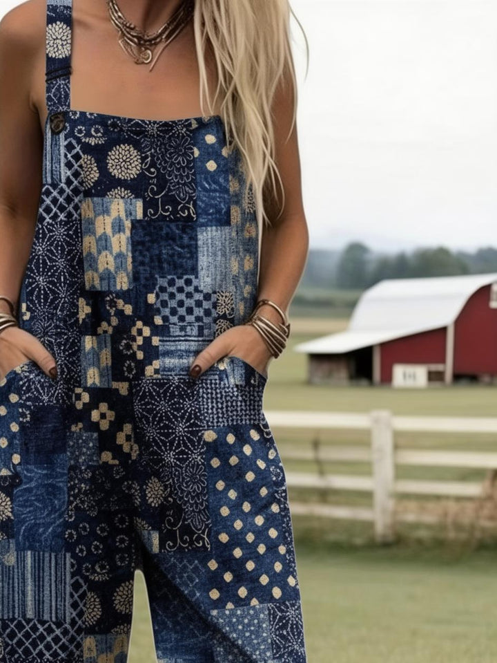 Plus Size - Plus Size - Plus Size, Dames Full Printed Overalls Jumpsuit Boho Patchwork Overalls Dames Boheemse Stijl Blauwe Print Jumpsuit Casual Zomer Outfit Boerderij Veld Look Print Romper met Zakken, Geschikt voor Lente Zomer Herfst