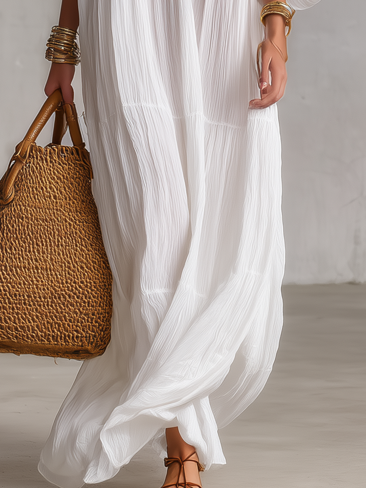 Bohemian White Embroidered V-Neck Crinkle Kaftan Maxi Dress