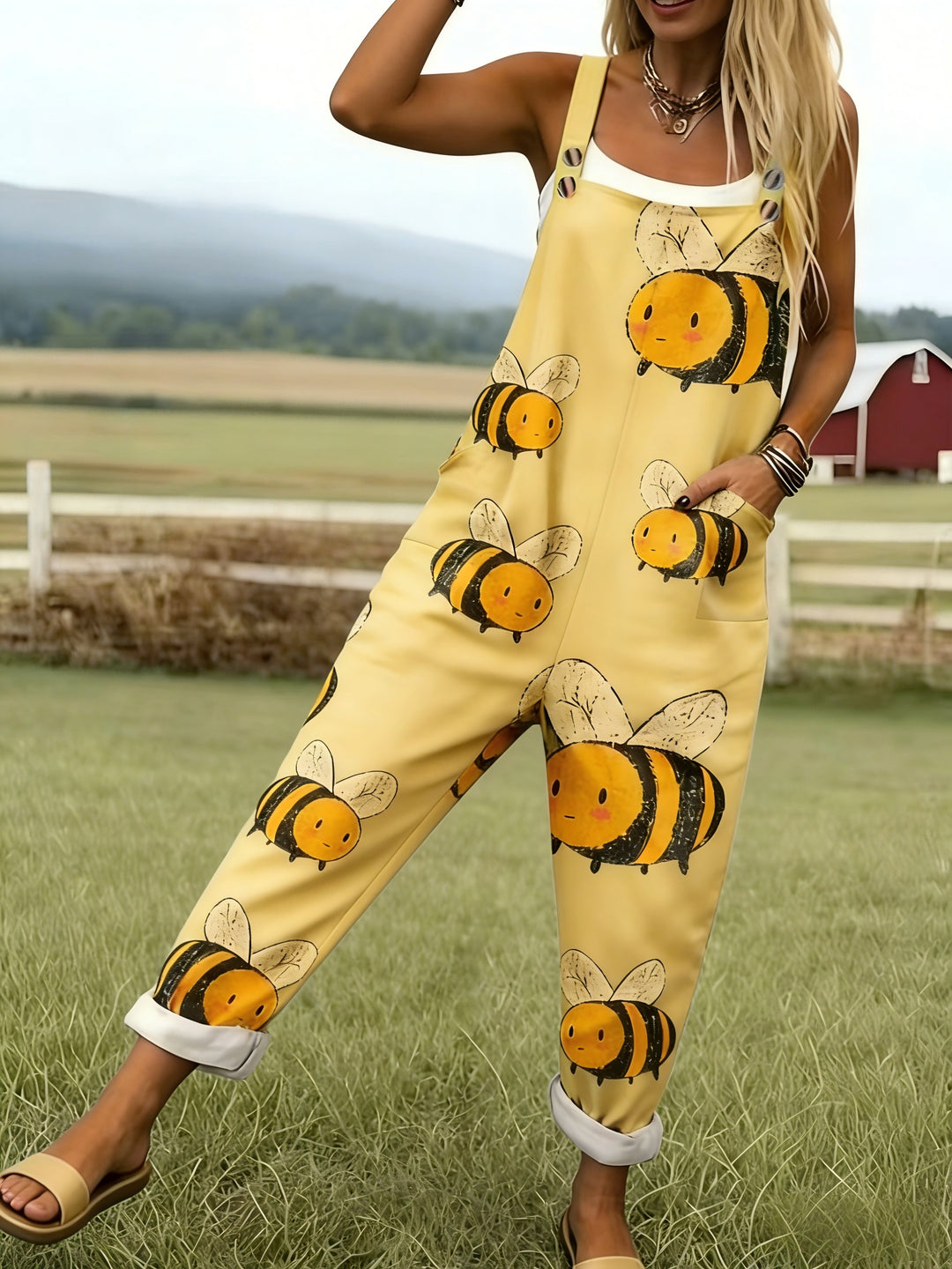 Groene Jumpsuit met Cartoon Bijenpatroon - 0578