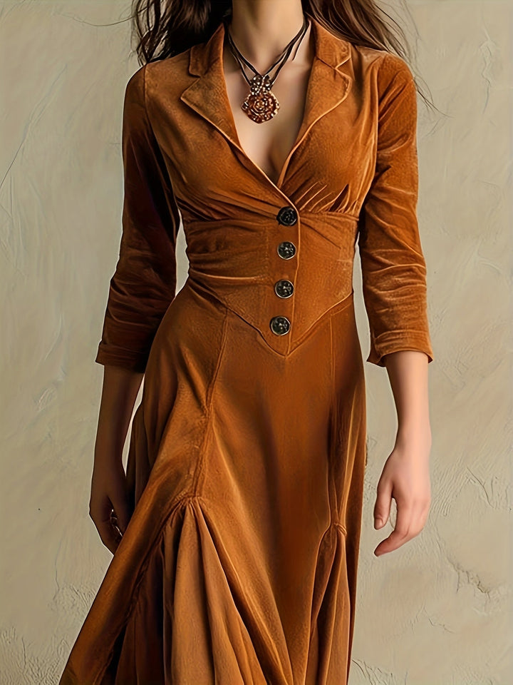 ELOWENNA | ELEGANT BUTTON-FRONT COLLAR DRESS WITH 7/8 SLEEVE