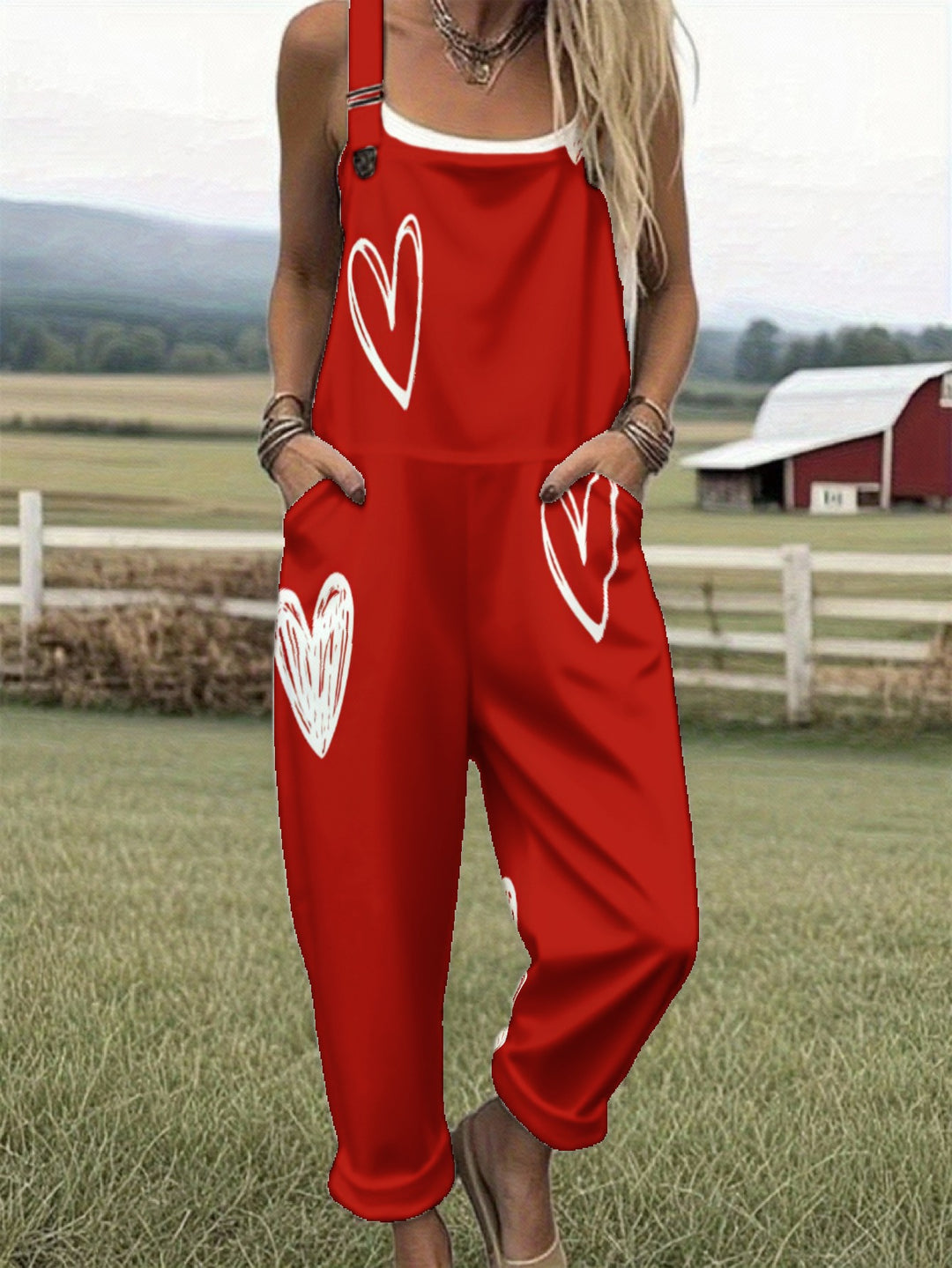 Grote maten, casual overall met rauw print voor dames, overall met hartjesprint, casual zomerpak voor dames met zakken, geschikt voor boerderijen en buiten