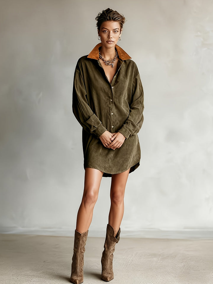 CHLOELAIN | SOLID COLOR COLLAR LONG SLEEVE MINI DRESS