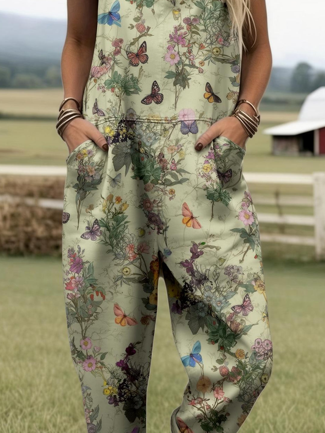 Grote maten, dames overall met volledige print, jumpsuit met bloemen- en vlinderprint, dames boho zomer overall, casual outfit in landelijke stijl voor boerderij- en tuinlook, romper met print en zakken, geschikt voor lente, zomer, herfst, machinewasbare