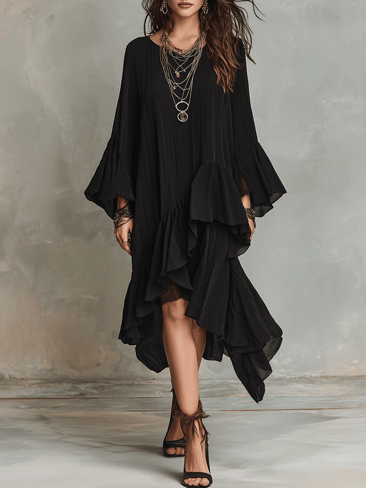 Elegant Asymmetrical Ruffle Black Boho Midi Dress