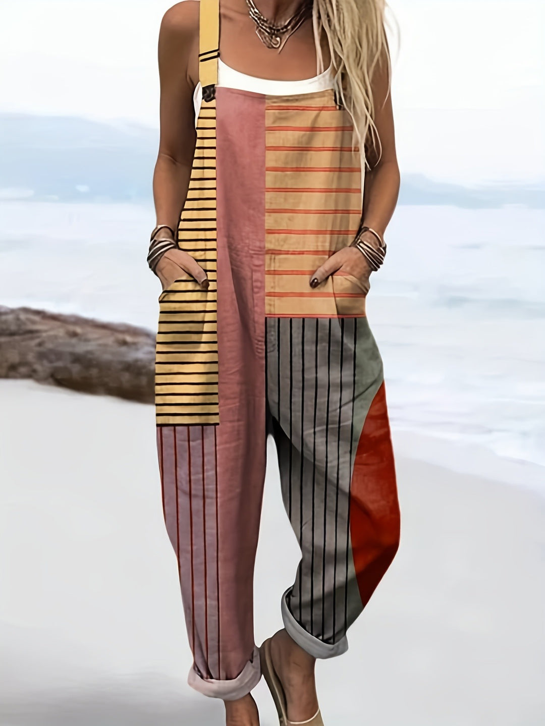 Plus Size - Plus Size - Plus Size Dames Casual Raw Bedrukte Overalls, Retro Gespleten Gestreepte Overalls, Dames Losse Casual Jumpsuits, Zomer Strand Reis Mode Items