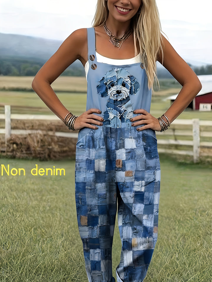 [Bedrukte Broek - Geen Denim Stof] Puppy Imitatie Denim Patchwork Print Losse Casual Mouwloze Tuinbroek met Zakken - BJ040