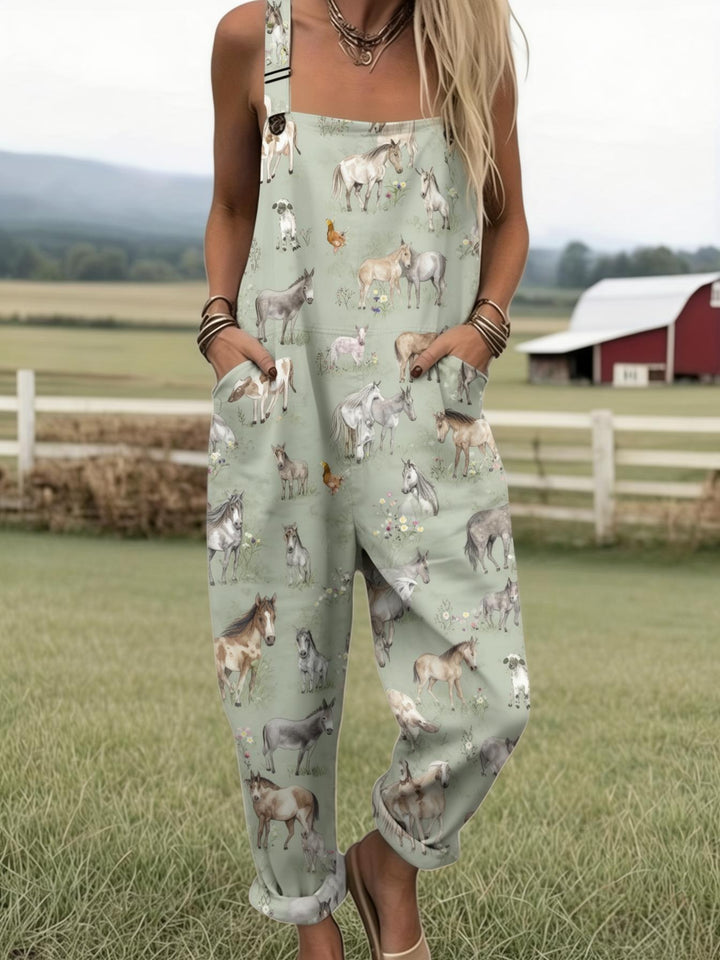 Plus Size - Plus Size - Dames Overalls Jumpsuit met Volledig Print, met een Schattig Paardendesign, Perfect voor Casual Zomerse Boerderijstijl Kleding. Deze Country Chic Romper bevat Zakken en is Geschikt voor Lente, Zomer.