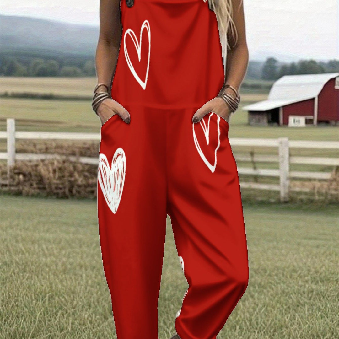 Grote maten, casual overall met rauw print voor dames, overall met hartjesprint, casual zomerpak voor dames met zakken, geschikt voor boerderijen en buiten