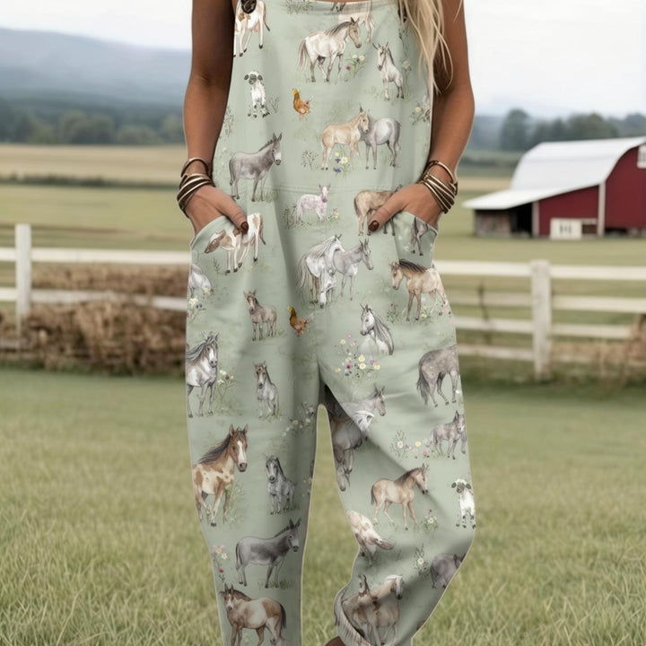Plus Size - Plus Size - Dames Overalls Jumpsuit met Volledig Print, met een Schattig Paardendesign, Perfect voor Casual Zomerse Boerderijstijl Kleding. Deze Country Chic Romper bevat Zakken en is Geschikt voor Lente, Zomer.