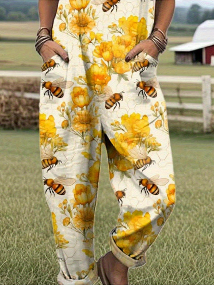 Plus Size - Plus Size - Plus Size Dames Casual Tuinbroek met Bij- en Bloemenprint, met Levendige Gele Bijen en Zwarte Bloempatronen, Gemaakt van Lichtgewicht en Ademende Stof, Machinewasbaar