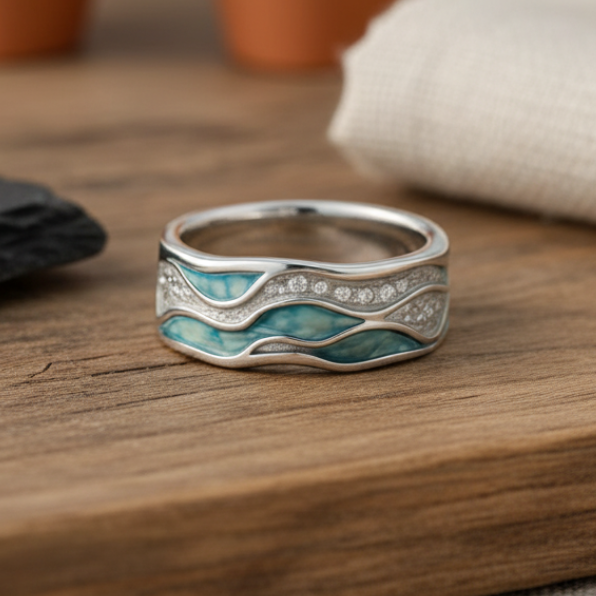 Elegant Silver and Turquoise Ring with Wave Patterns