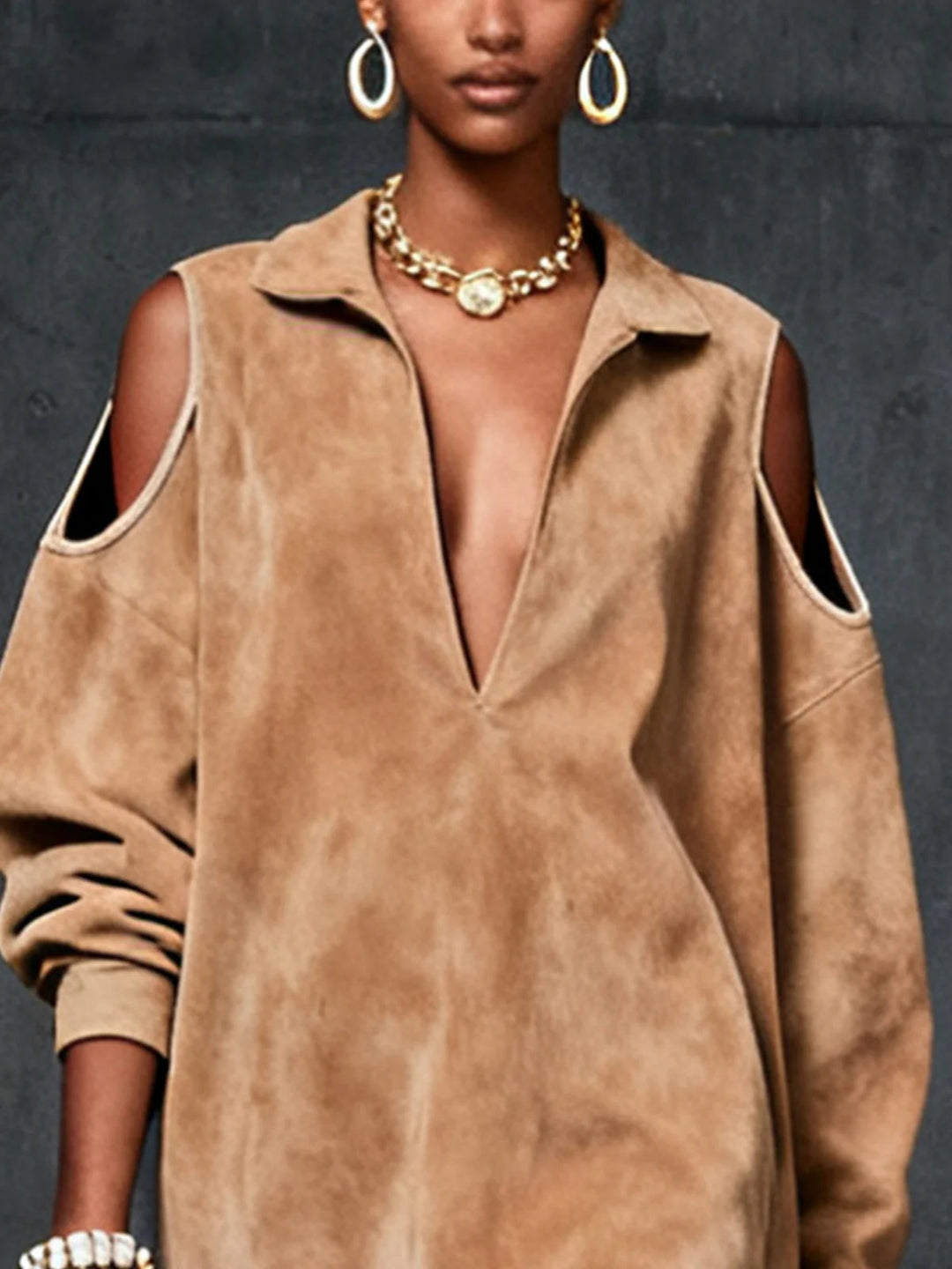 GINEVRA CAMEL FAUX SUEDE COLD-SHOULDER DRESS