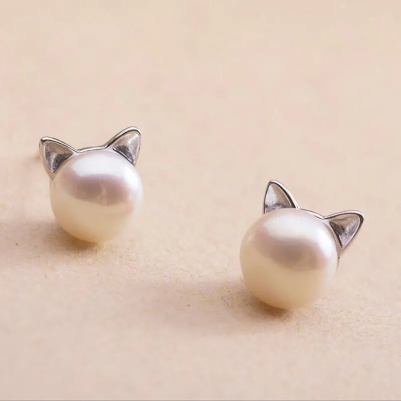 Sterling Silver Cat Pearl Stud Earrings