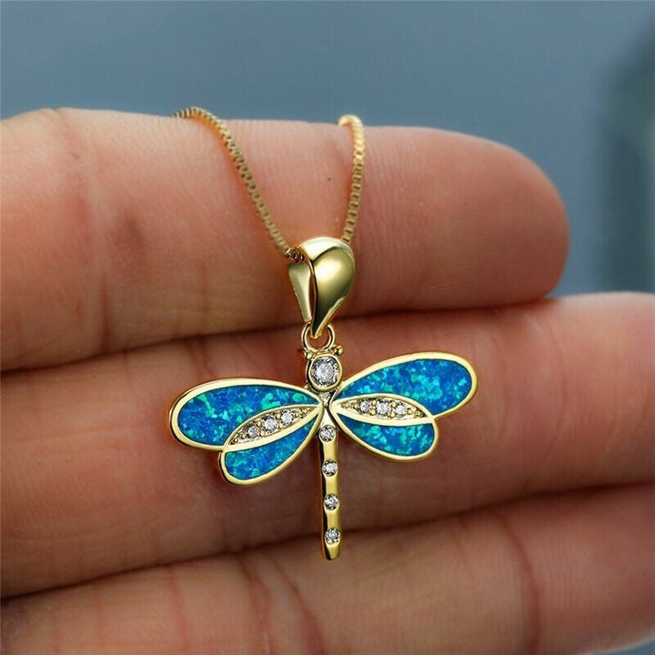 Sophisticated Gold-Dipped Blue Opal Dragonfly Pendant