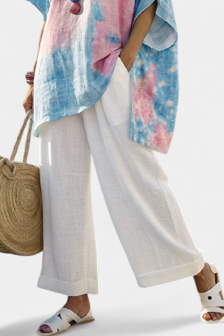 Valentina – comfortable essential linen top and striped bamboo trousers