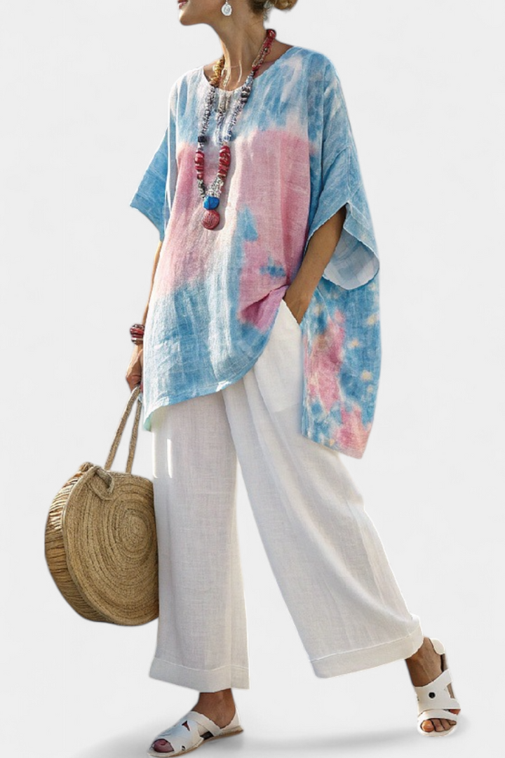 Valentina – comfortable essential linen top and striped bamboo trousers