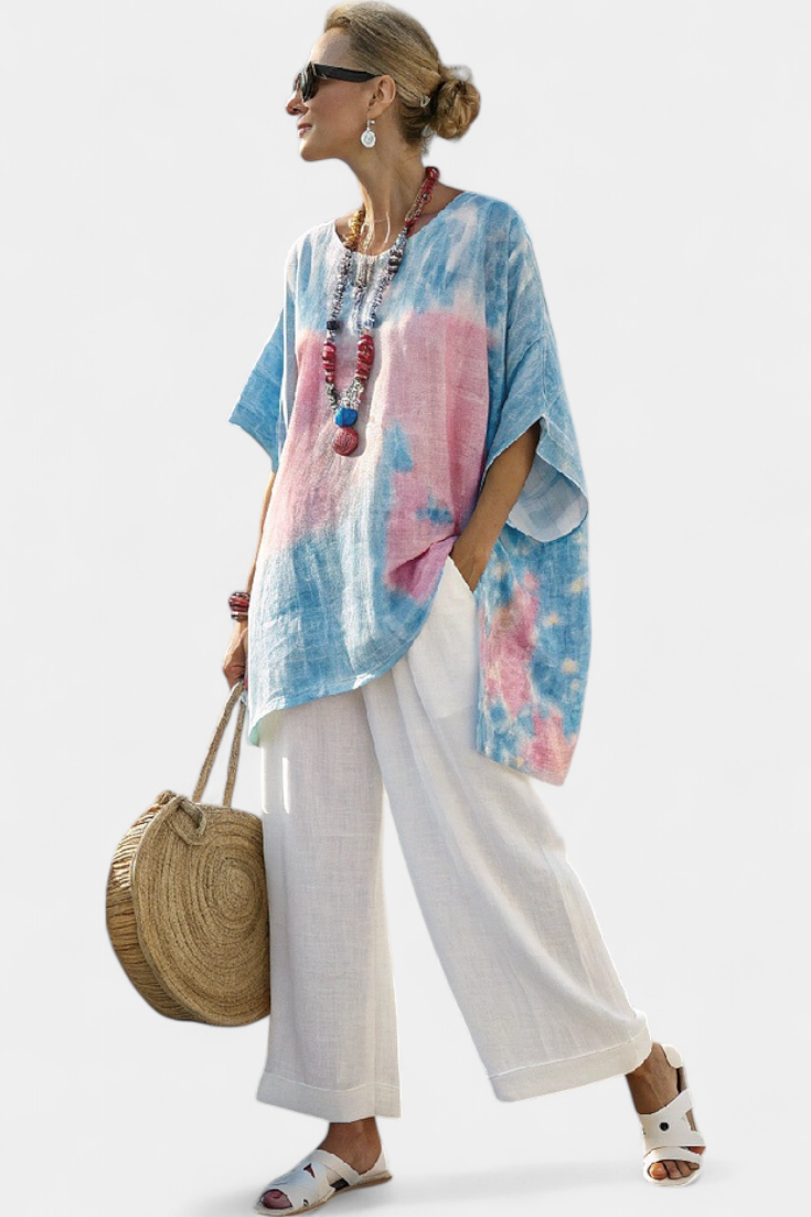 Valentina – comfortable essential linen top and striped bamboo trousers