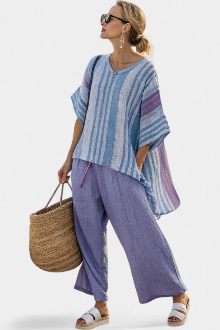 Carlotta – elegant top in lavender and sky blue with linen trousers