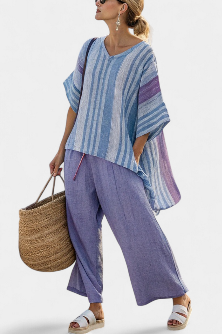 Carlotta – elegant top in lavender and sky blue with linen trousers