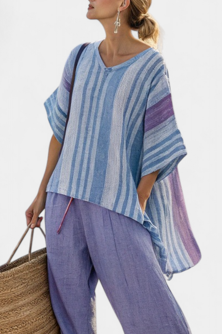 Carlotta – elegant top in lavender and sky blue with linen trousers