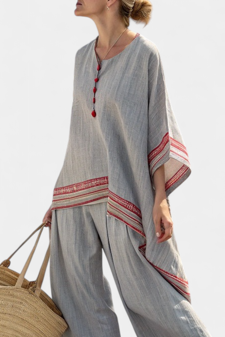Rossella – Sophisticated Asymmetric Blouse and Wide-Leg Ethnic Trousers