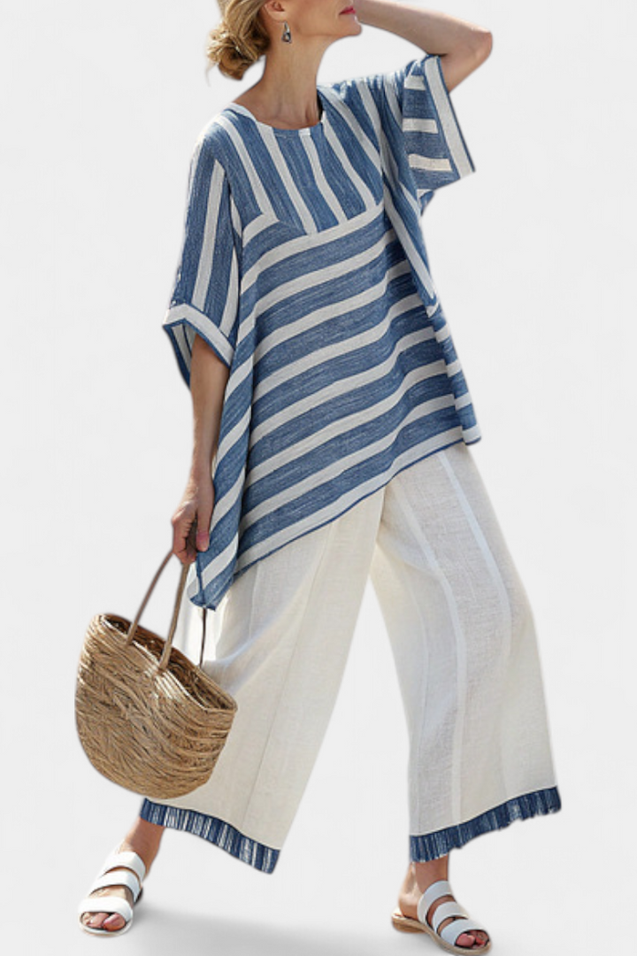 Ornella – sophisticated blue striped top and trousers with hem details